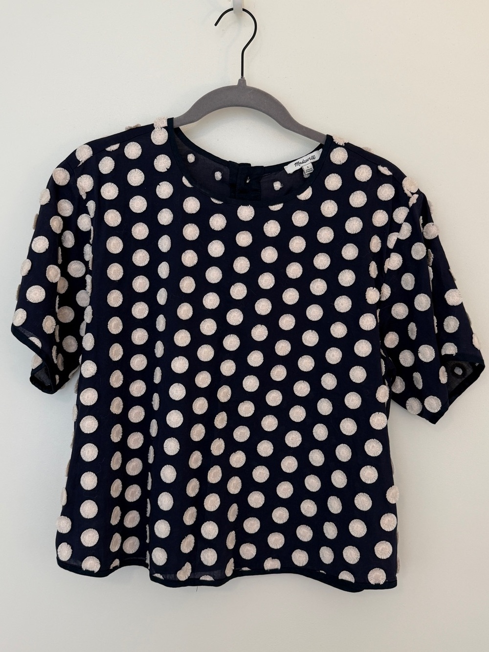 Madewell Navy Short Sleeve Polka Dot Textured Top